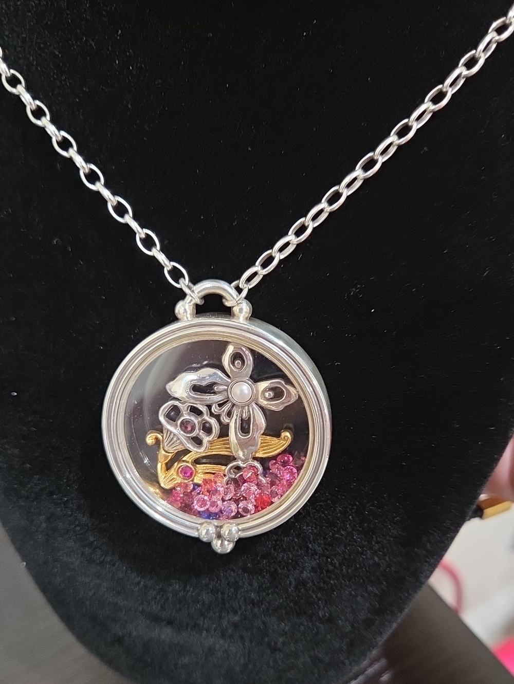 Brighton Silver Floating Flower Locket Necklace with Pink Accents On 30 In Chain